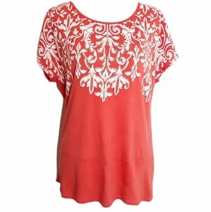NORDSTROM BLEU Orange Embroidered Short Sleeve Blouse EUC sz L